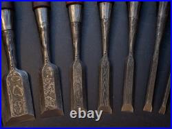 Fujihiro Damascus Mokume 10x set 3-42mm Japanese Bench Chisel Oire Nomi W#1