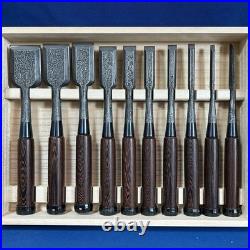 Genju Funahiro Japanese Damascus Bench Chisels Oire Nomi Set of 10 Ironwood Genju Funahiro Japanese Damascus Bench Chisels Oire Nomi Set of 10 Ironwood