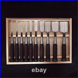 Japanese Oire Nomi Chisel Set 10pc Ebony Handle Triple Back Banshu Miki with Box