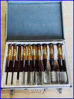 Japanese Shincho Oire Nomi Chisel Set of 10 in Case Carpentry Tool Used