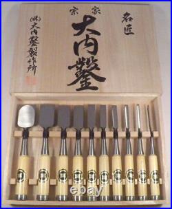 Ouchi Japanese Kinari Bench Chisels Oire Nomi Set of 10 White Steel New