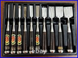 Set of 10 Japanese Chisels Oire Nomi Betsuura with Wooden Case Vintage Woodworking