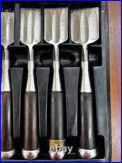 Set of 10 Japanese Chisels Oire Nomi Betsuura with Wooden Case Vintage Woodworking