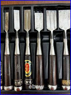Set of 10 Japanese Chisels Oire Nomi Betsuura with Wooden Case Vintage Woodworking