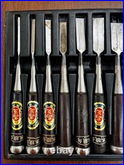 Set of 10 Japanese Chisels Oire Nomi Betsuura with Wooden Case Vintage Woodworking