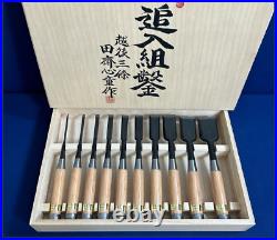 Tasai Akio Japanese Bench Chisels Oire Nomi Set of 10 Blue Steel Red Oak Shindo