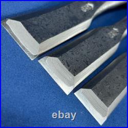 Tasai Japanese Bench Chisels Wakisashi Nomi Blue Steel Polished Finish Set of 3