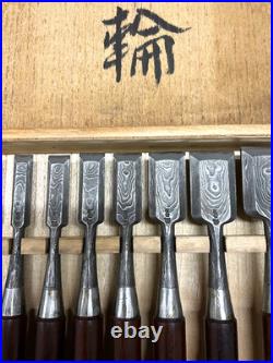 Tasai Japanese Damascus Bench Chisels Mokume Oire Nomi Set of 12 Nenrin + Box