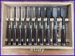 Tasai Japanese Damascus Bench Chisels Oire Nomi Set of 10 Multi Hollows Back