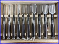 Tasai Japanese Damascus Bench Chisels Oire Nomi Set of 10 Multi Hollows Back
