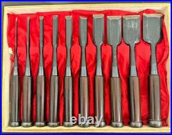 Yoshifusa Japanese Chisel Oire Nomi Set of 10 Ebony Handle With Box Used Yoshifusa Japanese Chisel Oire Nomi Set of 10 Ebony Handle With Box Used